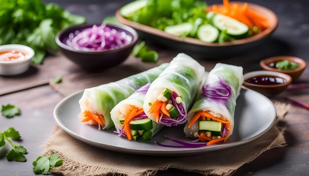 Vegetarian vietnamese spring rolls with spicy sauce carrot cucumber red cabbage and rice noodle