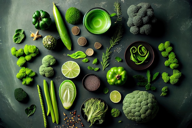 Foto vegetarisch groen voedsel achtergrond op stenen tafel