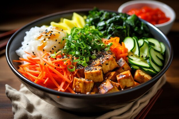 Vegetarische Bibimbap Bowl met tofu en verse groenten