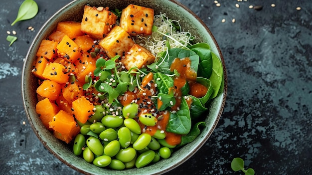 Vegetarische boeddha schaal met pompoen quinoa spinazie edamame tofu