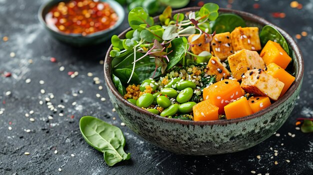 Foto vegetarische boeddha schaal met pompoen quinoa spinazie edamame tofu