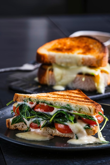 Vegetarische boterham panini met spinazie bladeren tomaten en kaas op een donkere tafel Toast met kaas