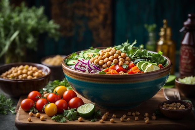 vegetarische buddha bowl met verse groentesalade en kikkererwten