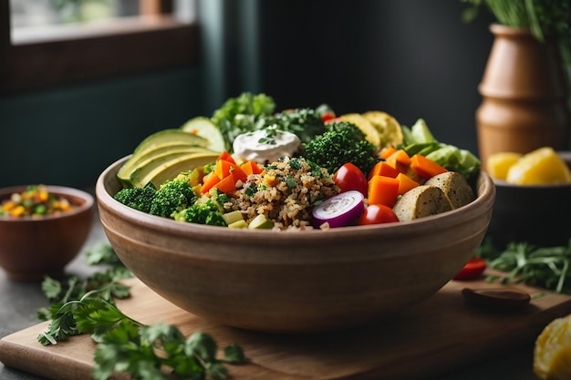 vegetarische buddha bowl rauwe groenten en gebakken aardappelen in kom veganistische maaltijd gezond en detox voedsel