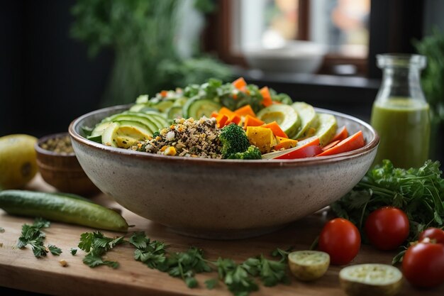 vegetarische buddha bowl rauwe groenten en gebakken aardappelen in kom veganistische maaltijd gezond en detox voedsel