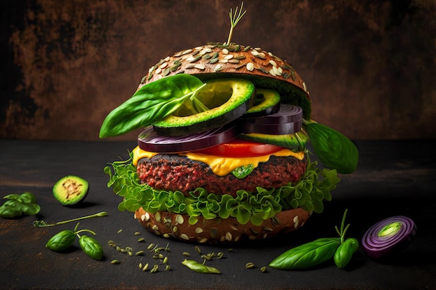 Foto vegetarische burger met stukjes avocado en verse kruiden voor een gezonde voeding