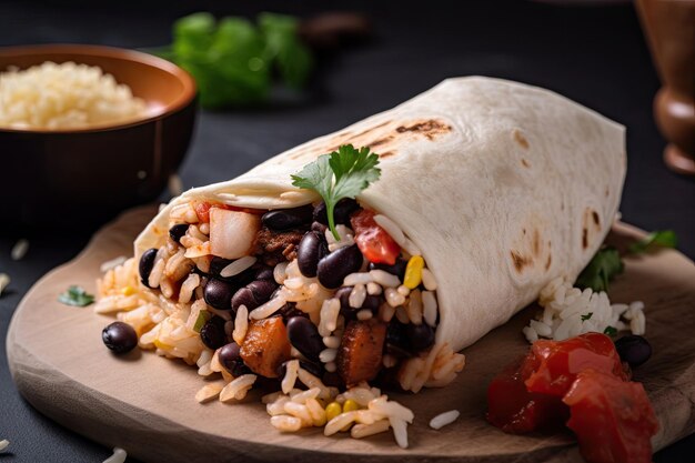 Vegetarische burrito gewikkeld in bloemtortilla met zwarte bonenrijst en salsa