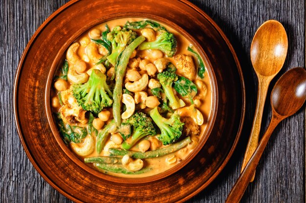 Vegetarische kokoscurry met kikkererwten, sperziebonen, bloemkool en broccoliroosjes in een rustieke kom op een donkere houten tafel, plat gelegd, close-up, Indiase keuken