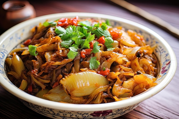 Vegetarische koolschotel op Chinees voedselfestival met shiitake-paddenstoelen