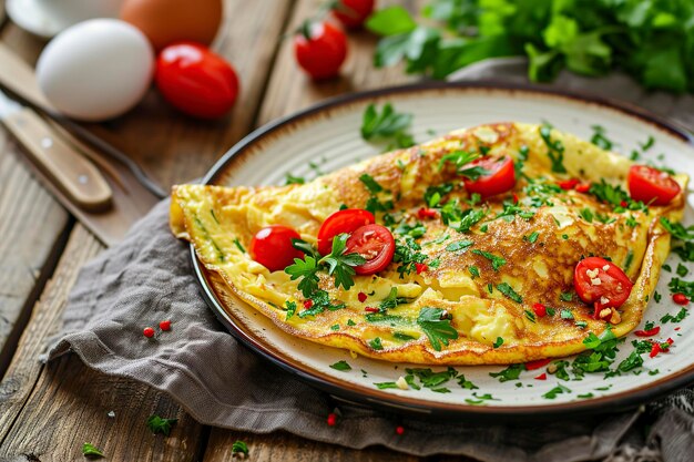 Foto vegetarische omelet roerei met kaas en groenten