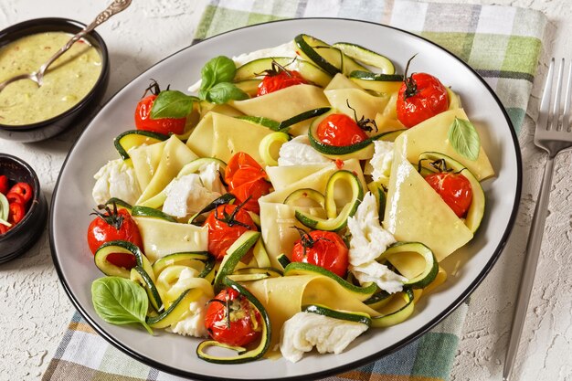 Vegetarische open lasagne met courgette mozzarella geroosterde tomaten basilicum en zelfgemaakte saus op een bord op een witte tafel Italiaanse keuken