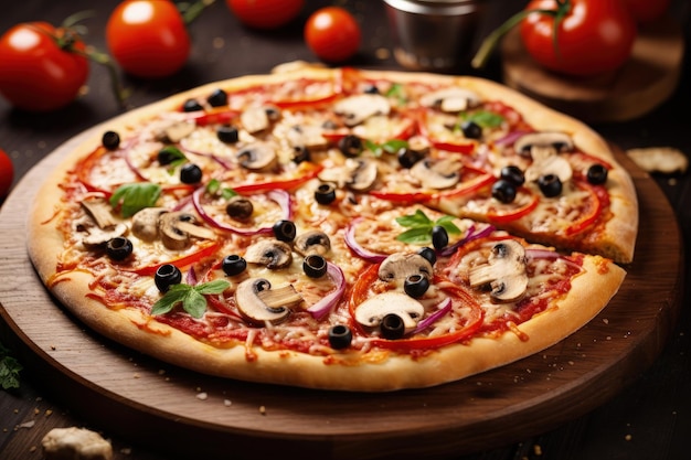 Vegetarische pizza met champignons, tomaten, mozzarella paprika's en olijven op een witte achtergrond