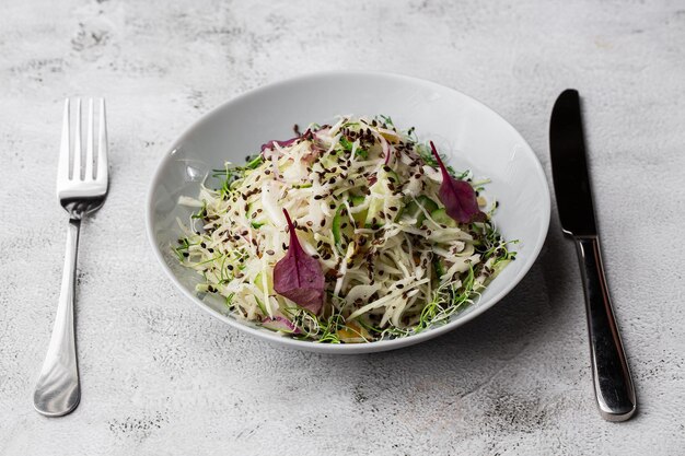 Vegetarische salade Lente veganistische salade met kool, komkommer, groene ui en peterselie Bovenaanzicht plat boven het hoofd