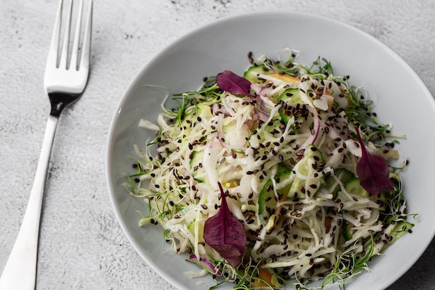 Vegetarische salade Lente veganistische salade met kool, komkommer, groene ui en peterselie Bovenaanzicht plat boven het hoofd