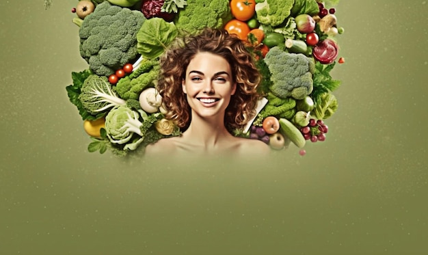 Vegetarische vrouw omringd door veel groenten in gezond leven concept generatieve ai