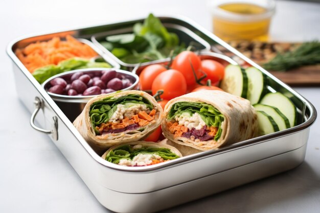Vegetarische wrapsandwich in een roestvrijstalen lunchbox