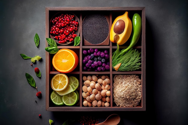 Фото Вегетарианская здоровая пища чистая еда выбор продуктов питания в деревянной коробке