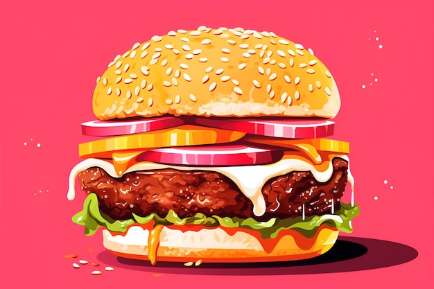 Veggie burger cheeseburger or hamburger on pink background fast food