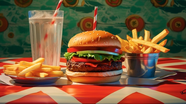 Veggie burger and homemade fries in vibrant fast