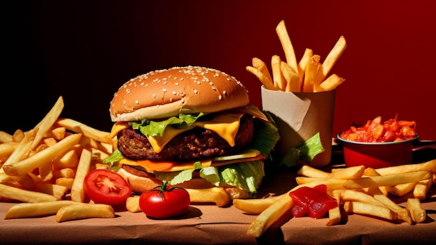 Veggie burger and homemade fries in vibrant fast