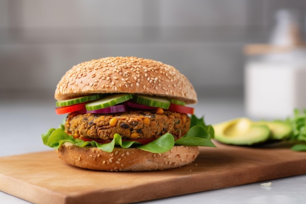 Veggie burger met een huisgemaakte burger van kikkererwten linzen en groenten met avocado sla tomaat en gesmolten kaas