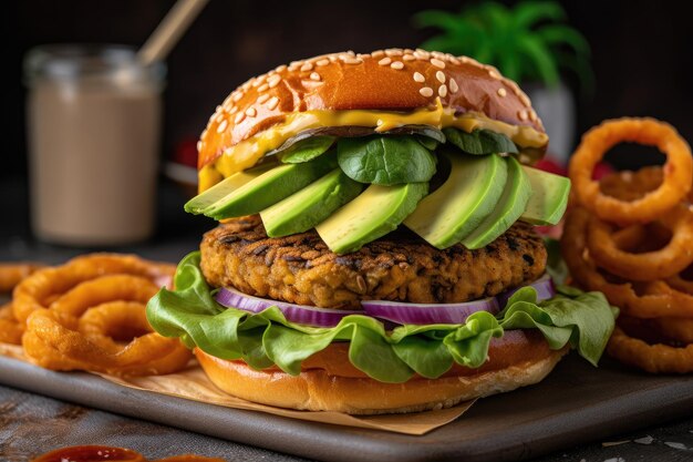 Veggie burger topped with avocado slices and crispy onion rings on toasted bun