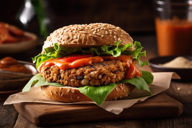 Veggie burger on wholegrain bun with lettuce tomato and macadamia nut sauce