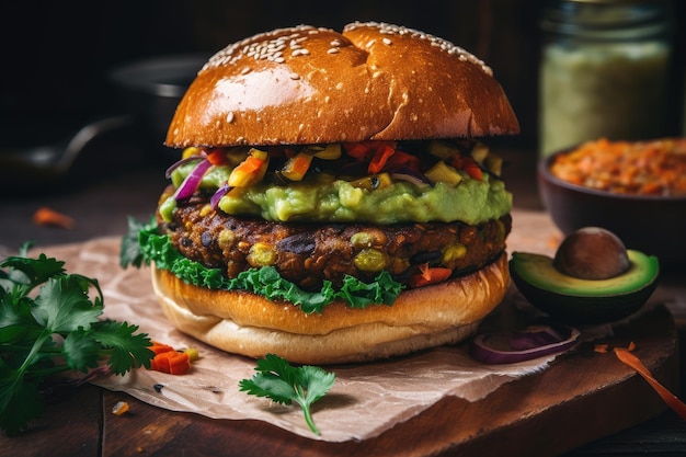 Veggie burger with guacamole and pickles on toasted bun created with generative ai