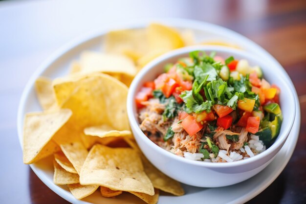 Veggie burrito bowl with a side of salsa and chips