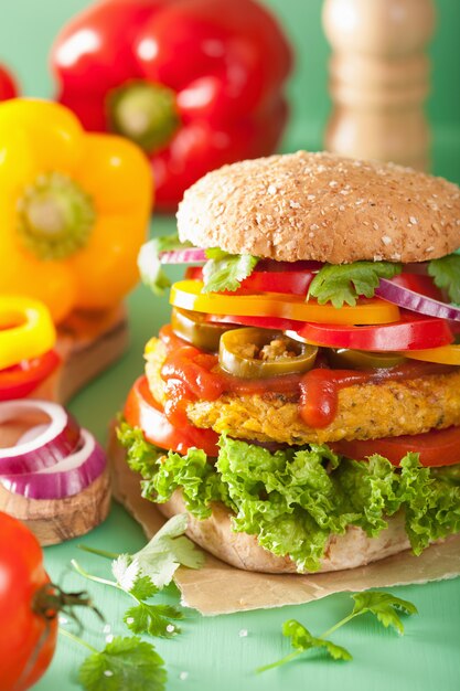 Veggie chickpea and sweetcorn burger with pepper, jalapeno and onion