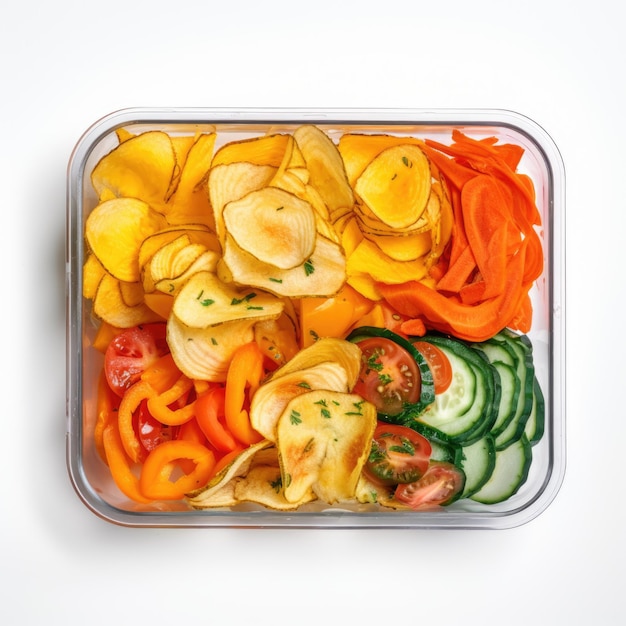 Veggie chips in een lunchbox top view geïsoleerd op witte achtergrond Generatieve AI