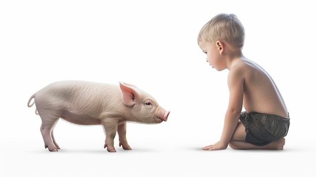 Foto nel veggie day un ragazzino siede di fronte a un maialino con intelligenza artificiale generativa