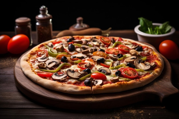 Veggie lovers pizza with mushrooms bell peppers onions olives and tomatoes