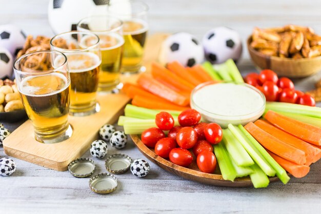 Veggie platter with dip for soccer party.