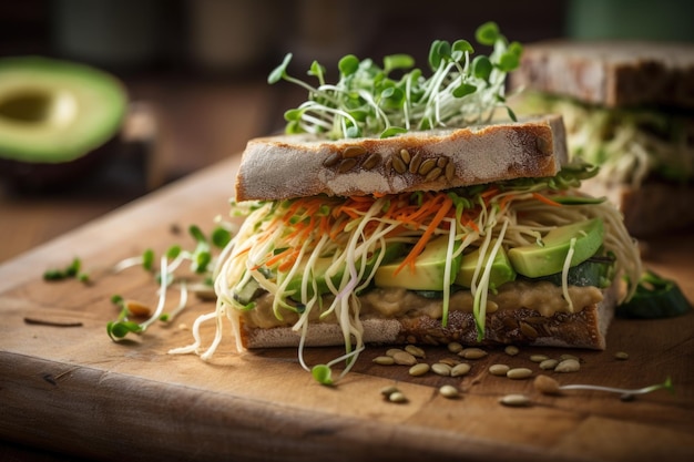 Veggie sandwich with hummus cucumber and sprouts on multigrain roll created with generative ai