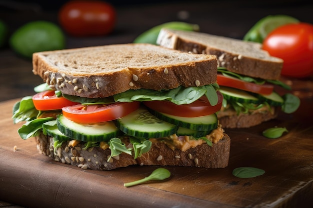 Veggie sandwich with hummus cucumber and tomato on whole wheat bread