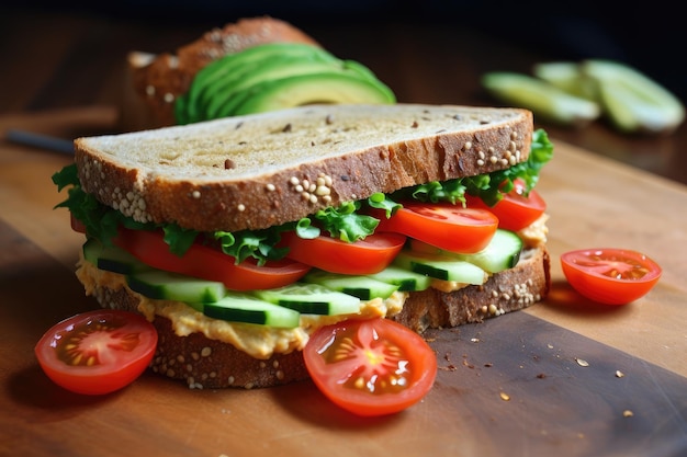Veggie sandwich with hummus cucumber and tomato on whole wheat bread
