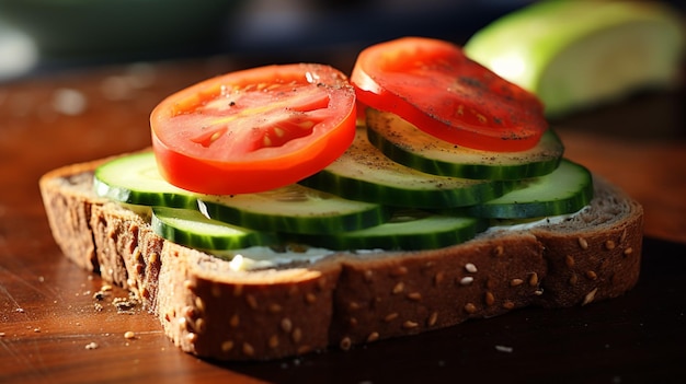 Veggie sandwich with hummus cucumber and tomato