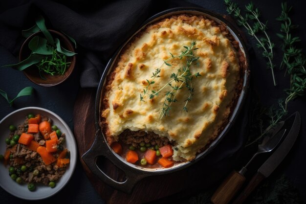 Veggie Shepherds Pie Вегетарианский вид сверху Генеративный AI