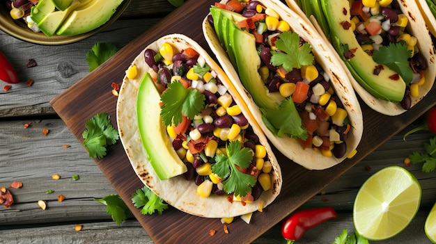 Veggie tacos filled with seasoned black beans corn and avocado Restaurant dish serving seasonal offering proper nutrition diet food Culinary aesthetics concept Generative by AI