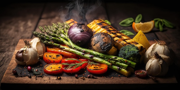 Veggies on the grill served on a wooden platter