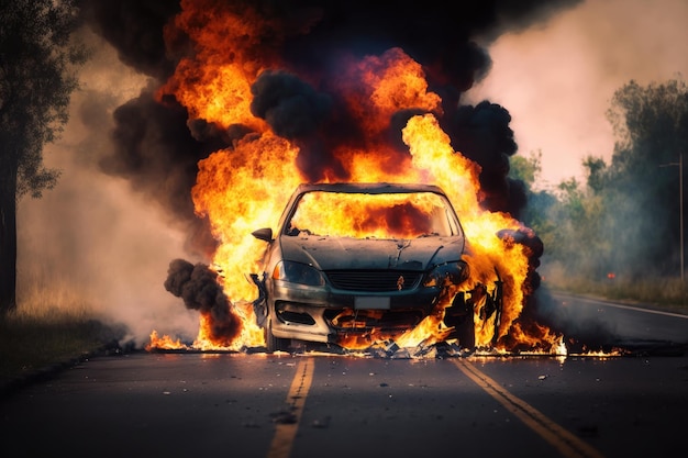 Vehicle Accident With A Car On Fire Generative AI