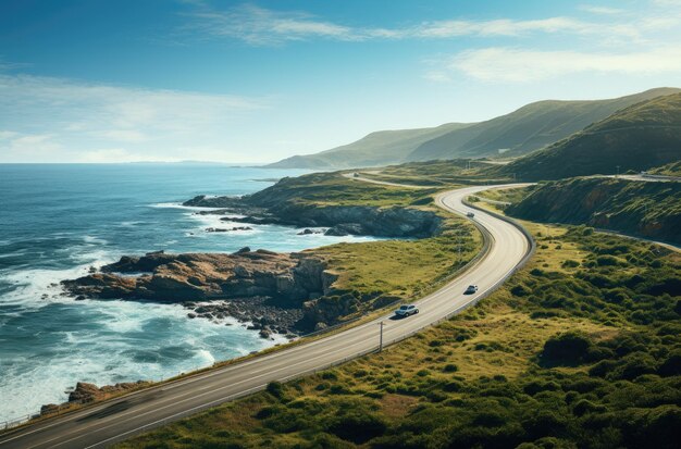 a vehicle drives on a winding road near a sea