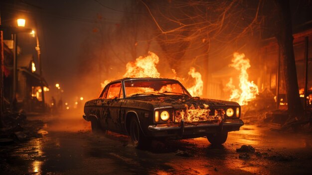 버려진 도시 거리에서 격렬한 불꽃에 싸인 차량.
