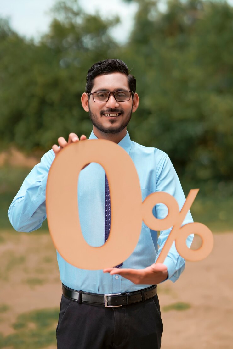 फोटो vehicle loan concept : young indian banker or financier showing zero percent sign symbol.