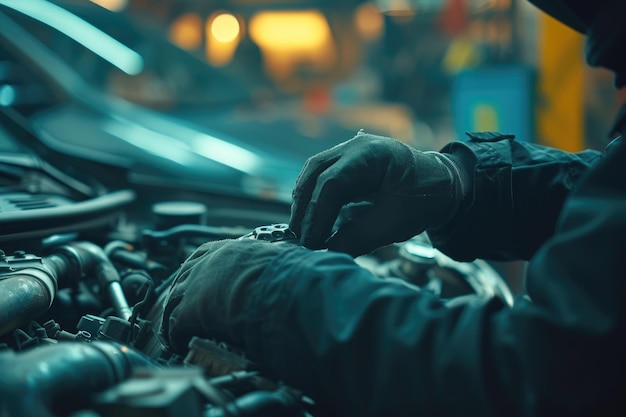 Foto manutenzione dei veicoli e concetto di officina di assistenza automobilistica mani di riparazione meccanica riparare il motore dell'auto in officina di riparazioni automobilistiche mani di tecnico che ispeziona la qualità dei liquidi automobilistici spazzare in garage