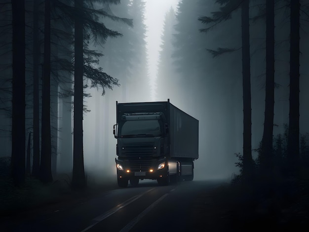 Vehicle on the road in the dark forest at night with fog