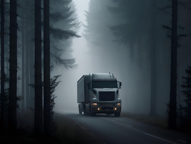 霧のある夜の暗い森の中の道路上の車両