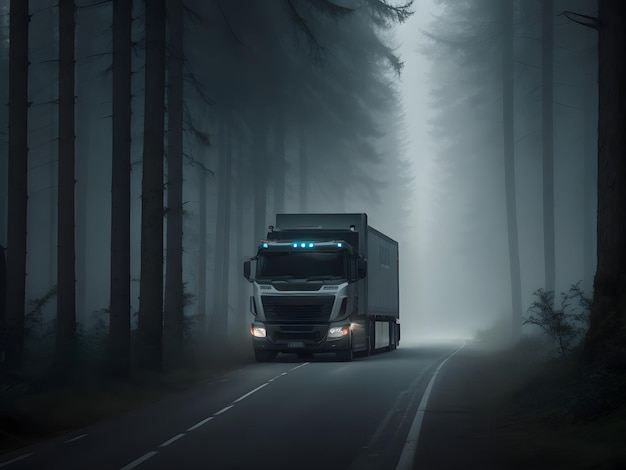 Vehicle on the road in the dark forest at night with fog