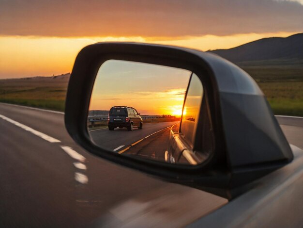 vehicle side mirror showing following vehicle on road during sunset